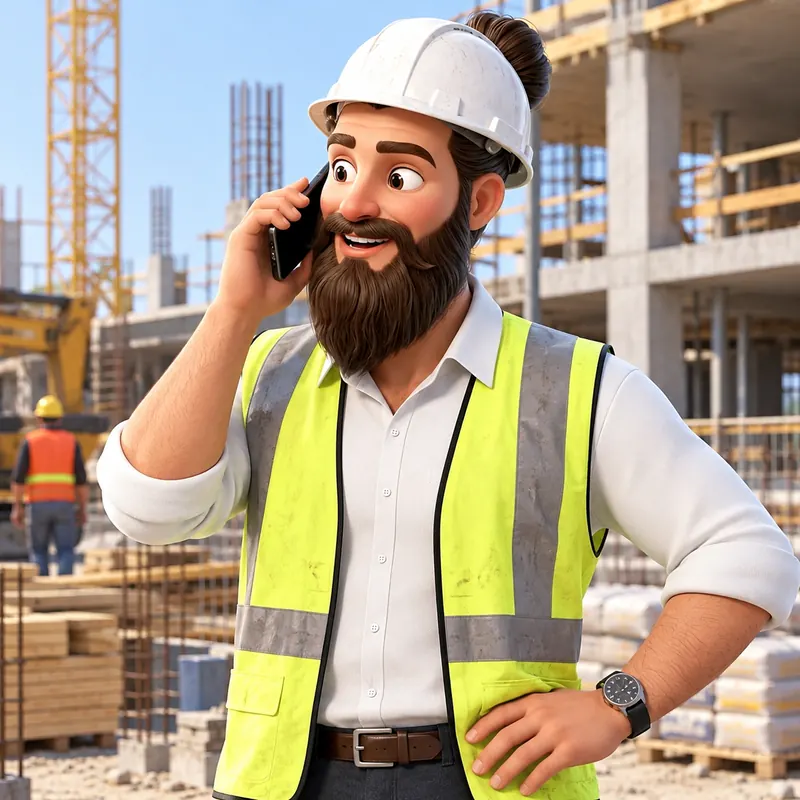 Marco mit weißem Bauhelm und Warnweste auf einer Baustelle, mit dem Handy am Ohr