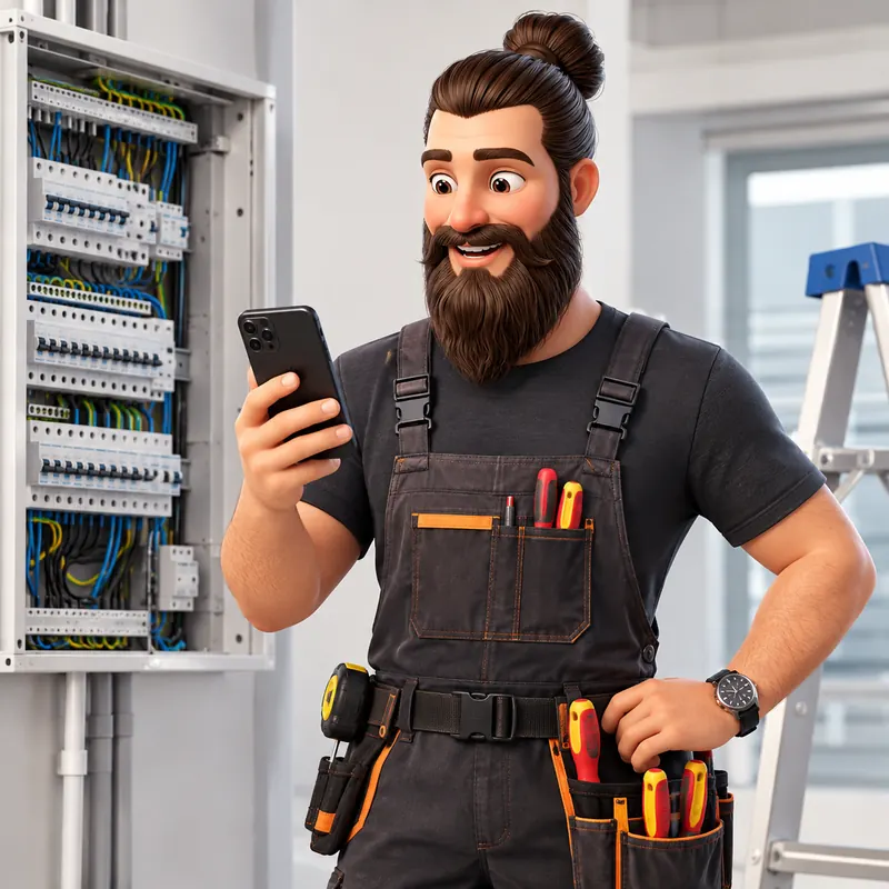 Marco als Elektriker in Latzhose vor einem Verteilerschrank, mit dem Handy in der Hand