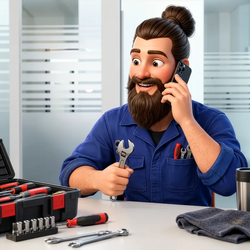 Marco im blauen Arbeitsanzug am Tisch mit Werkzeugkoffer und Schraubenschlüssel, mit dem Handy am Ohr