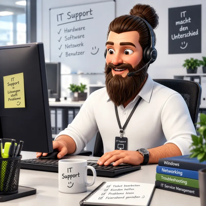 Marco mit Headset am Schreibtisch eines IT-Supports, vor einem Whiteboard mit Hardware, Software, Netzwerk und Benutzer