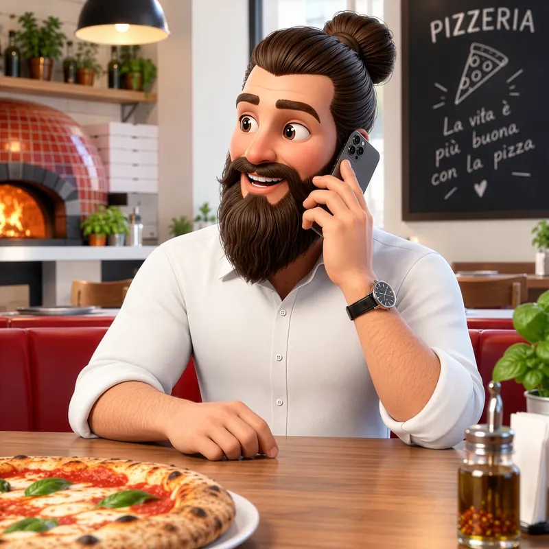 Marco in einer Pizzeria am Tisch mit einer Pizza, vor Holzofen und Kreidetafel, mit dem Handy am Ohr