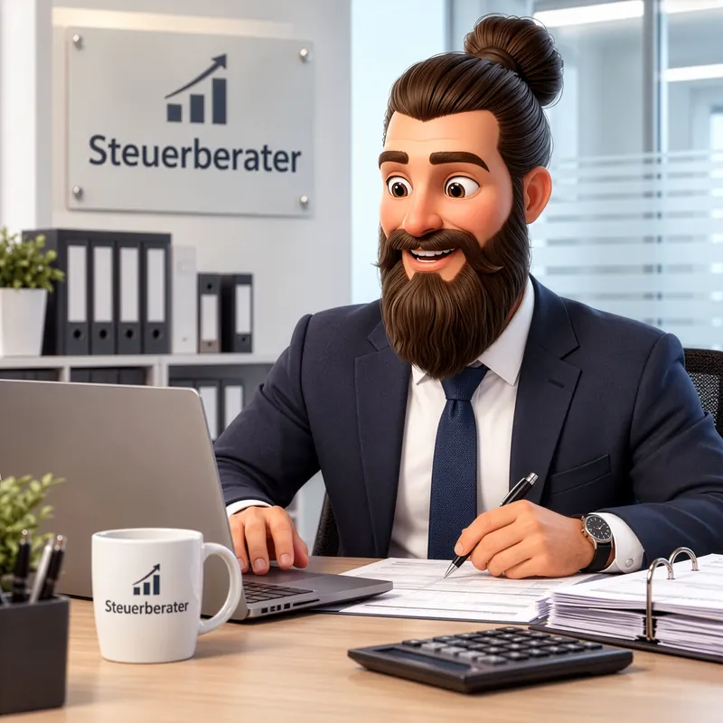Marco als Steuerberater im Anzug am Schreibtisch mit Laptop, Taschenrechner und Unterlagen, unter einem Schild „Steuerberater“